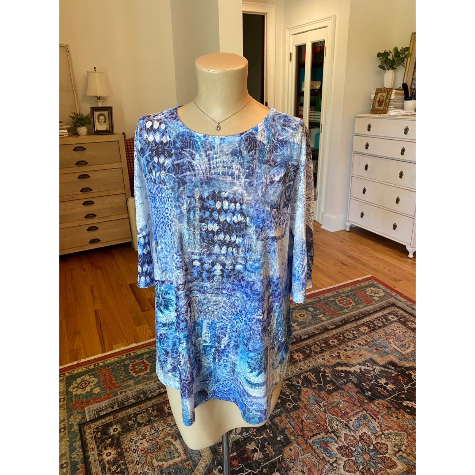 Katharina Marie Womens Blue Abstract Leopard Print 3/4 Sleeve Top Medium Nd